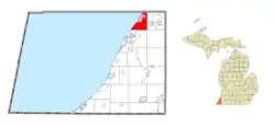 Location within Berrien County (red) and the administered community of Lake Michigan Beach (pink)