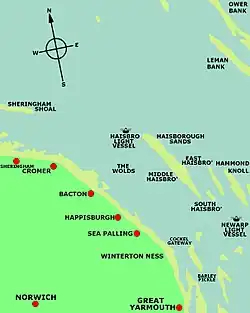 The location of Haisborough Sands off the Norfolk coast