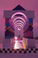 A colorful hall of portals displays a sculpture in its center against a pink sky