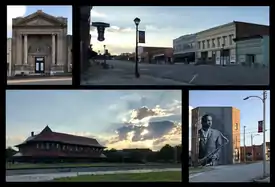 Clockwise from top left: Bank of Hamlet, Main Street, mural of Hamlet native John Coltrane on Vance Street, Hamlet Depot.