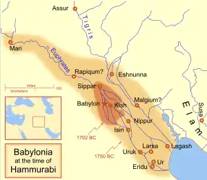 The extent of the Babylonian Empire at the start and end of Hammurabi's reign, located in what today is modern day Iraq