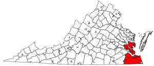 Jurisdictions most commonly associated with Hampton Roads are in dark red.  North Carolina counties included with the MSA are not

 included in the map.