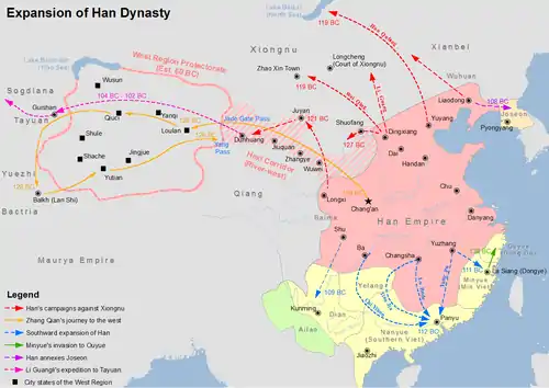 Han Dynasty expansion, including its annexation of Northern Vietnam and Northern Korea