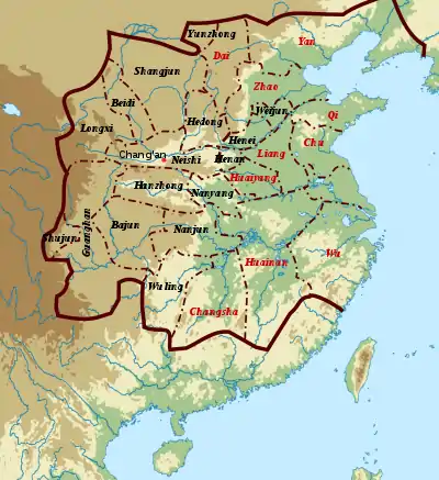 Han dynasty, 190 BC - kingdoms in red, commanderies in black