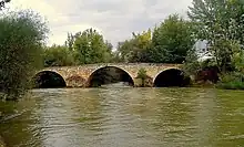 a three arch bridge over a river with lots of water and trees along the banks