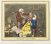 Hand-coloured etching by James Gillray, depicting the use of Perkins' Tractors.