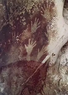 Image 76Pettakere Cave "Hand print paintings". The oldest known cave paintings are more than 44,000 years old. Maros, South Sulawesi, Indonesia (from Culture of Indonesia)