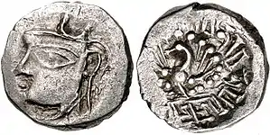 Coin of Harshavardhana, c. 606–647 CE. Obverse: portrait of Harshavardhana with a crescent over the head. Reverse: Fan-tailed Garuda standing facing. of Pushyabhuti dynasty