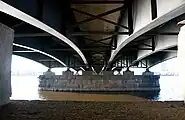 Underside of the bridge in 2009.  Image shows how the replacement superstructure was built, with six longitudinal girders, different bracing, etc.