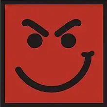 A picture of a smile with angry eyebrows on a red-orange background with black edges