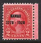 A red two-cent stamp showing George Washington, facing left.  The design is overprinted with the words HAWAII 1778–1928.