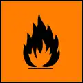 A square orange sticker with a flame picture.