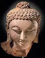 Terracotta Buddha head, Devnimori, Gujarat, 375-400. These early terracottas show the influence of the Greco-Buddhist art of Gandhara, and belong to the art of the Western Satraps.