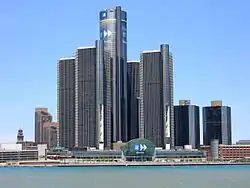 Image 16Michigan is the center of the American automotive industry. The Renaissance Center in Downtown Detroit is the world headquarters of General Motors. (from Michigan)