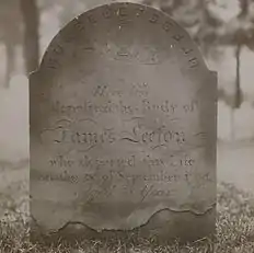 Here lies deposited the body of James Leeson who departed this life on the 28th of September 1794 aged 38 years; his body was moved to Trinity Church Cemetery