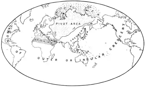 Map of the "Heartland Theory", as published by Mackinder in 1904.