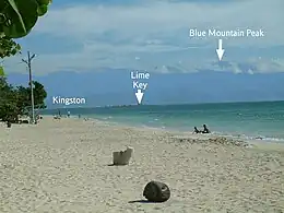 The paying section of Hellshire Beach looking east towards Kingston and the Blue Mountains.