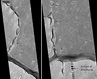 Hephaestus Fossae Two Views, as seen by HiRISE.  Picture on right lies to the top (north) of other picture. Fossa (geology) often form by material moving into an underground void.