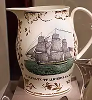 Jug 1880-05 "Success to the Liverpool Packet", which flies an American flag. Inscribed "presentation" wares for ships were a speciality of Liverpool potters.