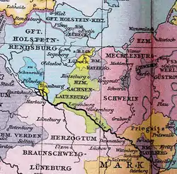 Holstein-Plön within Holstein-Kiel and neighbouring territories circa 1400