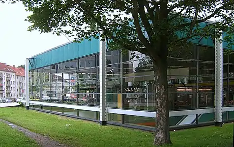 The station's 1968-rebuilt entrance building on surface