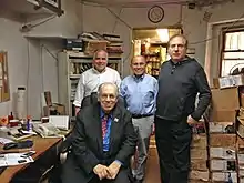 High Note Records office in New York City, June 2014. Standing, l-r: Barney Fields, Joe Fields, trumpeter David Weiss.  Seated: Producer Todd Barkan.