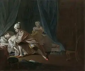 Painting showing a woman fainting as a man attacks her. She is in the light at the far left of the painting and her blouse is undone, exposing much of her bosom. Much of the rest of the painting, particularly the curtains on the bed, is done in dark tones, such as black and dark green.