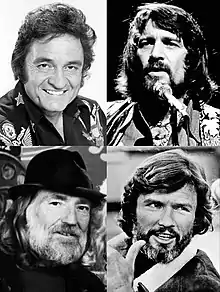 Clockwise from top left: Johnny Cash (1977), Waylon Jennings (1976), Kris Kristofferson (1978), Willie Nelson (1985)