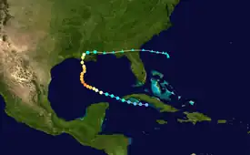 Colored dots superimposed on white line passing over green land masses and blue water bodies