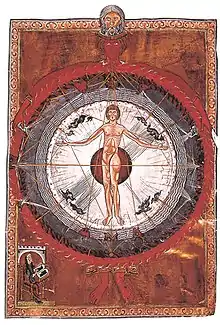 The Creation with the Universe and the Cosmic Man, miniature of the Liber Divinorum Operum (1230), by Hildegard of Bingen, Biblioteca Stadale di Lucca.