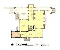 Hills House First Floor Plan in 1975/76.  Alterations since 1906 are marked in orange with bold walls.