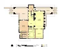 Hills House First Floor Plan in 1906.  Outline of the earlier house is shown in yellow.