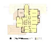 Hills House Second Floor Plan in 1975/76.  Alterations since 1906 are marked in orange with bold walls.