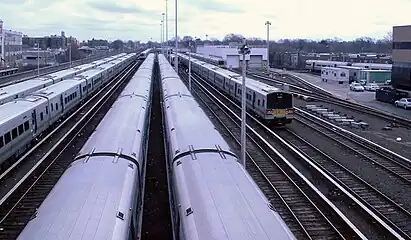 View east from station overpass over yard tracks; Platforms far left