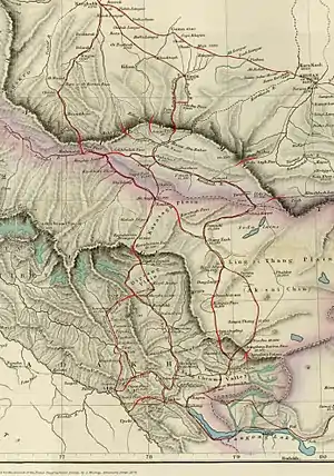 Sketch map of trade routes between Ladakh and Central Asia showing Sumgal (Trotter, 1873)