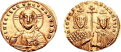 A histamenon of co-Emperors Nikephoros II (r. 963–969) and Basil II (r. 976–1025) depicted "wielding the sceptre" (patriarchal cross).