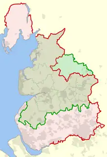 Image 5The historic county palatine boundaries in red and the ceremonial county in green (from History of Lancashire)