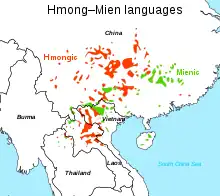 Distribution of Hmong–Mien languages