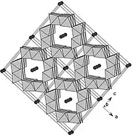 Polyhedral representation of the 2 x 2 tunnel structure of cryptomelane. The black atoms represent K.