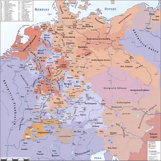 Distribution of Protestantism and Roman Catholicism in Central Europe on the eve of the Thirty Years' War (1618) Crypto-Protestants are not shown.