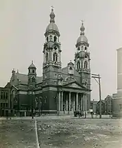 A photograph of Holy Cross Church near Chicago's Union Stock Yards. The image was captured in 1914, just before the Baroque building was completed.