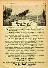 Three graphics panel at the top of a magazine page depict trees and a grass land.  A dog, a Rough Collie, stands in the center panel.  Text underneath the panels praise Terhune's writing abilities and call for readers to buy the next issue to read Terhune's next short story.