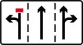 Sign showing lane indication arrows for each lane or temporary lane closure at junction ahead