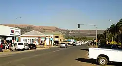 View up Hoog Street with Dumbe hill in background