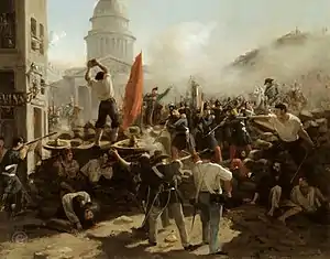 Barricade on Rue Soufflot during the 1848 Revolution. There were seven armed uprisings in Paris between 1830 and 1848, with barricades built in the narrow streets.