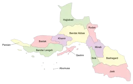 Location of Khamir County in Hormozgan province (left, purple)