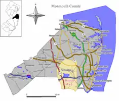 Location of Howell Township in Monmouth County highlighted in orange (right). Inset map: Location of Monmouth County in New Jersey highlighted in black (left).

Interactive map of Howell Township, New Jersey