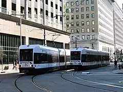 Image 49Two Hudson–Bergen Light Rail trains in Jersey City (from New Jersey)