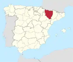 Map of Spain with Huesca/Uesca Province highlighted