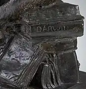 Detail showing pile of books and "Darwin" spine